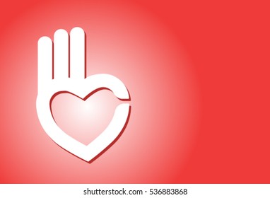 Creative hand and heart shape abstract logo design. Hand Ok symbol icon.Happy Valentines day symbol. Greeting Card on red background. Vector illustration. 