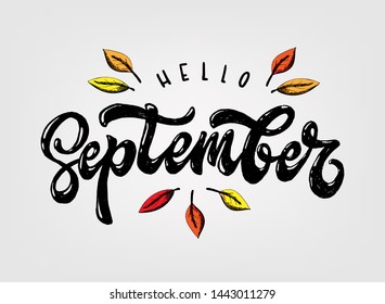 creative hand lettering quotation 'Hello September' decorated with autumn leaves on light grey background. Perfect for cards, posters, banners, prints, sale leaflets, etc. EPS 10