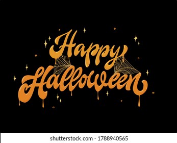 cita escrita a mano creativa 'Happy Halloween' decorado con web y estrellas de fondo negro. Es bueno para afiches, impresiones, tarjetas, pancartas, invitaciones, carteles, logotipos, etc. La frase de tipografía festiva.