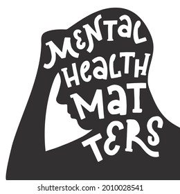 kreative Handschrift-Zitat "Psychische Gesundheitsfragen"in einer Silhouette für Poster, Drucke, Karten, Banner, Zeichen usw. EPS10