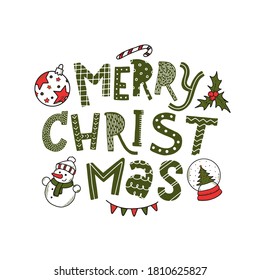 creative hand lettering quote 'Merry Christmas' decorated with doodles on white background. Good for posters, invitations, greeting cards, stickers, prints, signs, etc. EPS 10