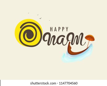 Creative Hand Lettering Text Happy Onam on decorative background.