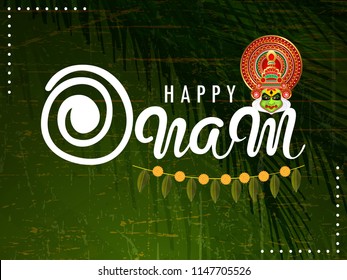 Creative Hand Lettering Text Happy Onam on decorative dark background.