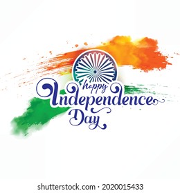 Creative Hand Lettering Text "Happy Independence Day" or Calligraphy on Beautiful Tri Color National Flag Abstract Background.