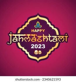 Creative Hand Lettering Text "Happy Janmashtami 2023" with Beautiful Illustration of Dahi Handi, Traditional Poster Design for Hindu Festival Shree Krishna Janmashtami.