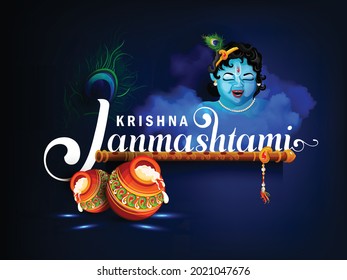 Creative Hand Lettering Text "Krishna Janmashtami" with Beautiful Illustration of Bal Krishna, Traditional Poster Design for Hindu Festival Shree Krishna Janmashtami.