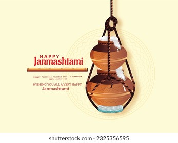 Creative Hand Lettering Text "Krishna Janmashtami" with Beautiful Illustration of Dahi Handi, Traditional Poster Design for Hindu Festival Shree Krishna Janmashtami.