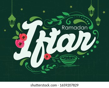 Creative Hand Lettering Text "Ramadan Iftar" or Calligraphy/ Typography with Beautiful Floral Background. Muslim Festival Ramadan Kareem Celebration.