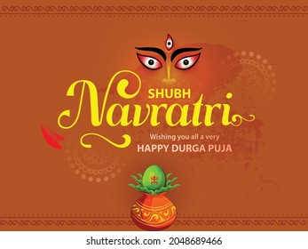 Creative Hand Lettering Text "Shubh Navratri" with Maa Durga Face Illustration for Hindu Festival Navratri.
