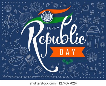 Creative Hand Lettering Text ”Republic Day” with Tri Color National Flag on Navy Blue Doodle Background.