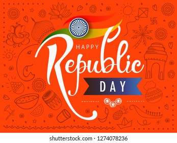 Creative Hand Lettering Text ”Republic Day” with Tri Color National Flag on Doodle Background.