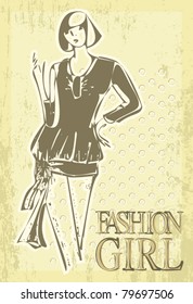 Creative hand painted fashion illustration. Fashion vector shopping girl