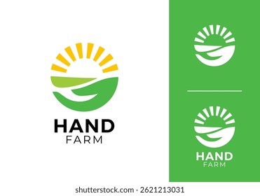 creative hand with sun logo. nature landscape agriculture symbol vector inspiration