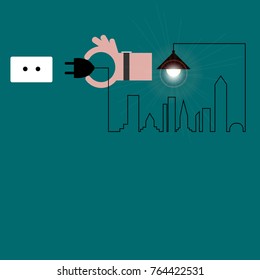 Creative hand with wire of light bulb with buildings and landmarks, idea and inspiration concept. City with light bulb. Vector Illustration.