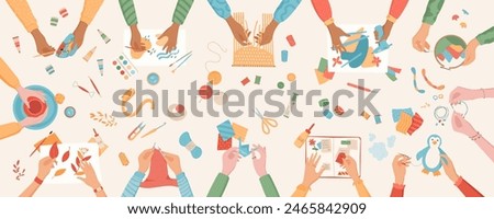 Creative handcraft art class concept background, top view colorful hands create handmade knitting craftwork, children handicraft origami activity vector illustration, DIY workshop hobby banner,