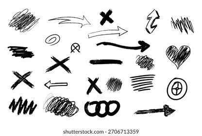 Símbolos de flecha dibujados a mano creativos y conjunto de acentos de marcador, cruces de boceto de tinta, círculos, flechas curvas y Elementos de garabatos de pincel para resaltar y notar "