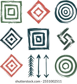 Vectores de pincel dibujados a mano creativos Flechas Espirales Cuadrados Grunge Bosquejo Abstractas