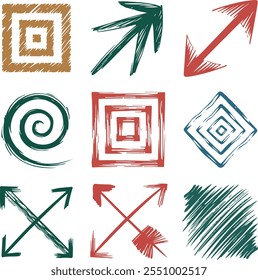 Creative Hand-Drawn Brush Vectors Arrows Spirals Squares Grunge Abstract Sketch