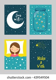 Creative hand-drawn cards set with doodle elements, Good Night cards with crescent moon, jar, cute sleeping girl, Beautiful night background with stars.