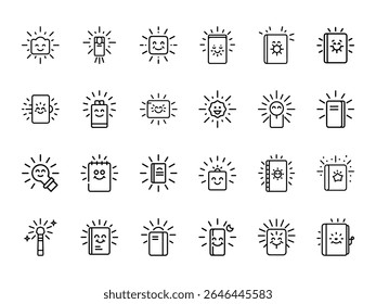 Creative Hand-Drawn Digital Face Icons with Radiating Lines Representing Ideas, Inspiration, and Technology in Minimal Line Art Style – 25 Unique Black and White Designs for UI, Apps, and Web Concepts