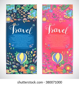 Creative hand-drawn doodle art with summer travel theme for greeting cards, invitation templates and graphic design