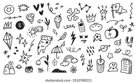 Conjunto de Doodle dibujado a mano creativo | Juguetones garabatos, símbolos y bocetos de Vector | Ilustración Abstractas en blanco y negro para proyectos de diseño