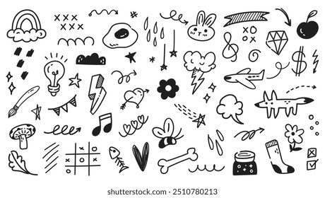 Creative Hand-Drawn Doodle Set | Playful Vector Scribbles, Symbols, and Sketches | Abstract Black and White Illustration for Design Projects