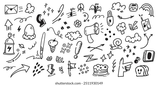 Creative Hand-Drawn Doodle Set | Playful Vector Scribbles, Symbols, and Sketches | Abstract Black and White Illustration for Design Projects