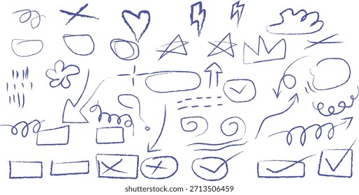 Criativa desenhado à mão doodle símbolo conjunto com setas, corações, estrelas, coroas, marcas de verificação e elementos de esboço abstrato, perfeito para design de interface do usuário, infográficos, apresentações e projetos criativos.