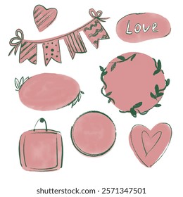 Creative hand-drawn elements featuring hearts, love, and decorative shapes for design projects