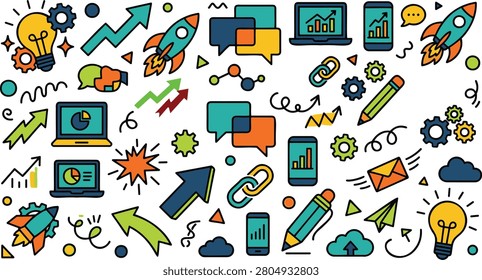 Creative hand-drawn flat vector collection featuring startup, business growth, marketing, innovation, productivity, and communication doodle icons. Includes rocket launch, light bulb, analytics charts, laptops, speech bubbles, cloud computing, networking, email, pencils, arrows, and workflow elements. Perfect for startup branding, business presentations, websites, mobile apps, infographics, social media, educational content, and editorial design.

 #Startup #BusinessIcons #DoodleIcons #Marketing #Innovation #Productivity #Entrepreneurship #BusinessGrowth #Analytics #Charts #Dashboard #RocketLaunch #LightBulb #Communication #Networking #Workflow #ProjectManagement #DigitalMarketing #Infographic #FlatVector #HandDrawn #VectorIllustration #WebDesign #UIIcons #CreativeDesign