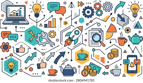 Creative hand-drawn flat vector illustration featuring business strategy, startup growth, marketing, analytics, productivity, innovation, and workflow doodle icons. Includes laptop, rocket launch, light bulb, charts, gears, tools, communication, search, coffee, mobile app, coins, and business elements. Perfect for presentations, websites, startup branding, mobile apps, dashboards, infographics, educational content, and editorial design. #BusinessStrategy #Startup #BusinessIcons #DoodleIcons #Marketing #Analytics #Productivity #Innovation #BusinessGrowth #ProjectManagement #Workflow #Charts #Dashboard #RocketLaunch #LightBulb #Communication #Teamwork #Infographic #FlatVector #HandDrawn #VectorIllustration #WebDesign #UIIcons #OfficeDesign #CreativeBusiness