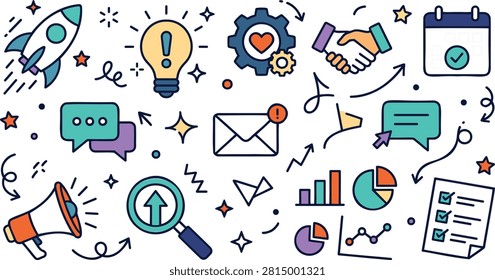 Creative hand-drawn flat vector illustration featuring business communication, marketing, productivity, collaboration, analytics, and workflow doodle icons. Includes rocket launch, light bulb, handshake, email, chat bubbles, calendar, megaphone, search, charts, checklist, and business elements. Ideal for presentations, websites, mobile apps, startup branding, infographics, social media, and editorial design. #BusinessCommunication #DoodleIcons #Marketing #Productivity #Collaboration #Teamwork #Startup #BusinessStrategy #EmailMarketing #Innovation #LightBulb #Handshake #Analytics #Charts #Checklist #Workflow #ProjectManagement #Infographic #FlatVector #HandDrawn #VectorIllustration #UIElements #WebDesign #Office #CreativeDesign