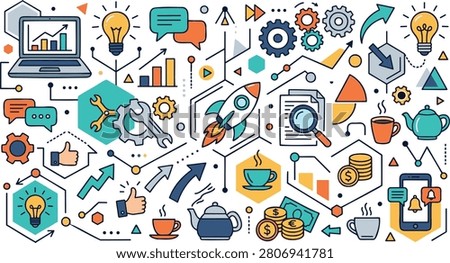 Creative hand-drawn flat vector illustration featuring business strategy, startup growth, marketing, analytics, productivity, innovation, and workflow doodle icons. Includes laptop, rocket launch, light bulb, charts, gears, tools, communication, search, coffee, mobile app, coins, and business elements. Perfect for presentations, websites, startup branding, mobile apps, dashboards, infographics, educational content, and editorial design. #BusinessStrategy #Startup #BusinessIcons #DoodleIcons #Marketing #Analytics #Productivity #Innovation #BusinessGrowth #ProjectManagement #Workflow #Charts #Dashboard #RocketLaunch #LightBulb #Communication #Teamwork #Infographic #FlatVector #HandDrawn #VectorIllustration #WebDesign #UIIcons #OfficeDesign #CreativeBusiness