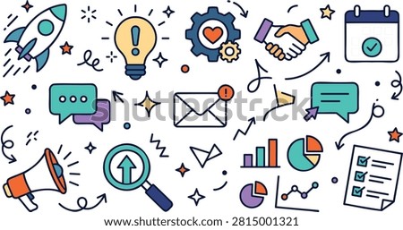 Creative hand-drawn flat vector illustration featuring business communication, marketing, productivity, collaboration, analytics, and workflow doodle icons. Includes rocket launch, light bulb, handshake, email, chat bubbles, calendar, megaphone, search, charts, checklist, and business elements. Ideal for presentations, websites, mobile apps, startup branding, infographics, social media, and editorial design. #BusinessCommunication #DoodleIcons #Marketing #Productivity #Collaboration #Teamwork #Startup #BusinessStrategy #EmailMarketing #Innovation #LightBulb #Handshake #Analytics #Charts #Checklist #Workflow #ProjectManagement #Infographic #FlatVector #HandDrawn #VectorIllustration #UIElements #WebDesign #Office #CreativeDesign
