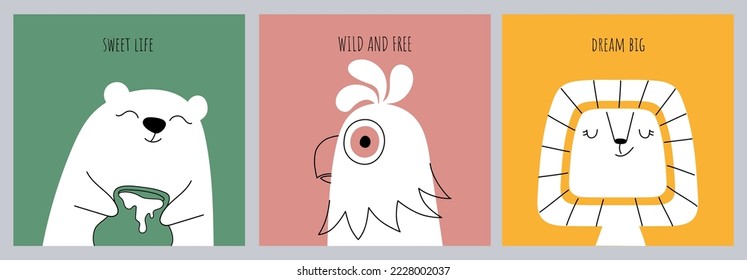 Creative hand-drawn illustrations with cute animals. Bear, parrot and lion. A postcard, a poster, a nursery decoration, a children's T-shirt with a print.