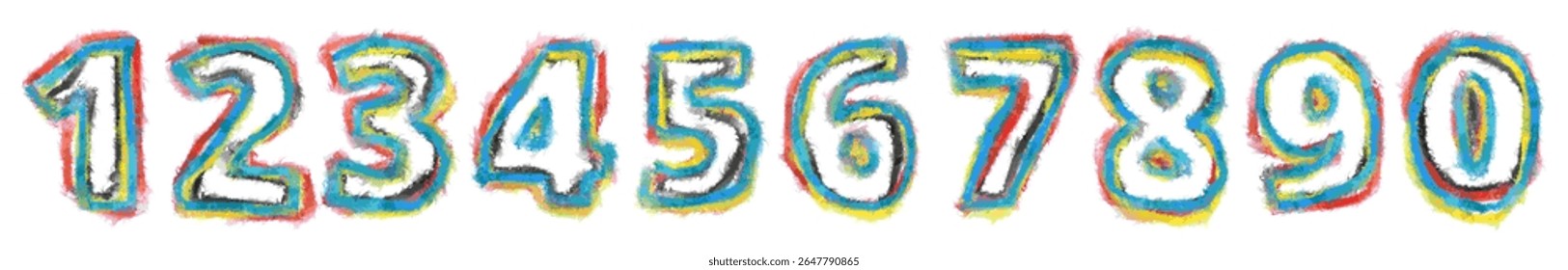 Creative hand-drawn numbers from 0 to 9 with bold grunge texture and multicolor outlines. Isolated on white. Perfect for posters, education, kids design, or urban themes.