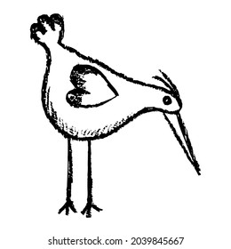 Creative hand-drawn outline vector sketch of a stork, heron or crane. Linear drawing of a bird with a long beak and high legs
