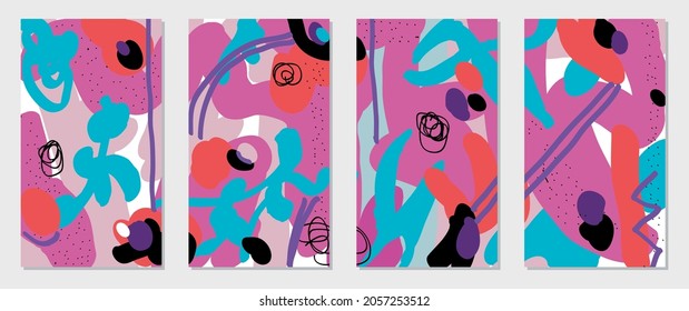 Creative hand-drawn social media backgrounds. Editable templates. Pink-red-blue color. 
