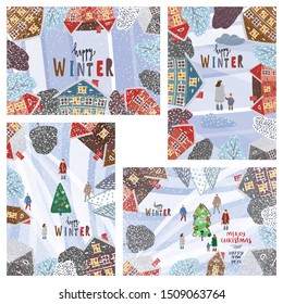 Creative handdrown winter holidays landscape background.