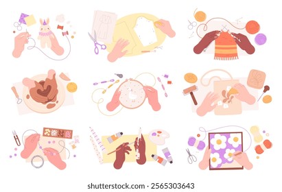 Creative handicraft. Art craft workshop, different hands embroidery, knitting, sewing, painting. Children hand made studio, hobby for adults, racy vector clipart