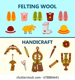 Creative handicraft banner. Vector illustration of wool products and objects for spinning.
