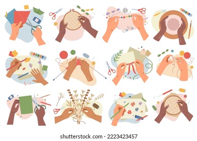 Icon Set für kreatives, handgefertigtes Hobby und Handwerk. Künstlerische Hände kreative Arbeit und Kunst zu schaffen. Menschen stricken, zeichnen, bestillen, Töpferwaren und Bouquets herstellen. Cartoon-Flavektor-Vektorgrafik