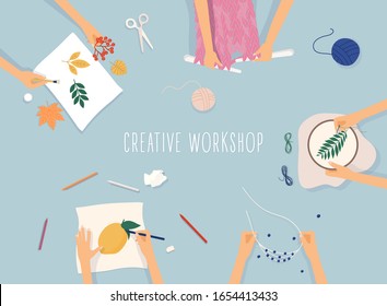 Creative handmade workshop banner.  Drawing, beadwork, embroidering, knitting, scrapbooking. 