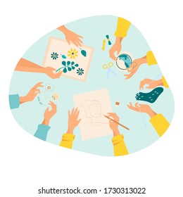Creative handmade workshop flat vector illustration. Children making creative embroidery, scrapbooking and knitting. DIY, craft and craftwork concept.