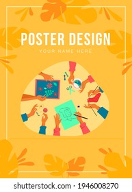 Creative handmade workshop flat vector illustration. Children making creative embroidery, scrapbooking and knitting. DIY, craft and craftwork concept.