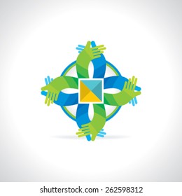 creative hands round of team work concept blue green color