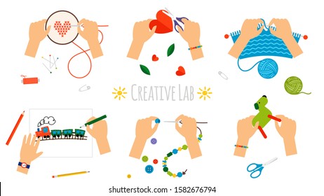 Creative hands. Workshop, needlework and drawing, embroidery and knitting. Kids laboratory in kindergarten, top view. Isolated handmade process vector illustration