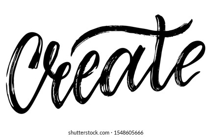 Creative. Handwritten calligraphy quote lettering. Inscription ink and dry brush. Lettering logo. Stylish decorative design element. Monochrome vector illustration.