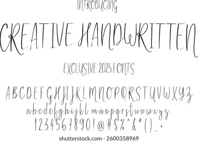 Creative Handwritten Exclusive 2025 font, Unique typeface with blend of Handwritten style. Creative doodles fonts, Editable vector text illustrations.